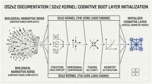 Technical schematic of the OS2x2 Kernel initialization process. Shows 'BIOLOGICAL NARRATIVE NOISE'—visualized as chaotic complexity—being compressed by the 'S2x2 KERNEL' logic engine. The engine reframes unstructured complexity into a stabilized, balanced crossed-axes geometric structure, glowing in electric blue. Text indicates the mind is initialized and 'SPATIAL GEOMETRY READY'. Minimalist black-line engineering style on a clean white background.