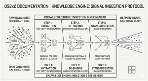 Technical schematic of the OS2x2 Knowledge Engine: Signal Ingestion Protocol. The diagram illustrates a linear three-stage filtration process: 1. Extraction (isolating core entities), 2. De-biasing (neutralizing narrative noise), and 3. Standardization (parameterizing data into a geometric-ready format). The visual flow demonstrates the transformation of 'Raw Data Noise' into a high-fidelity 'Refined Signal' ready for the S2x2 Kernel. Minimalist black-line engineering style on a clean white background.