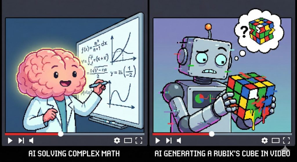 A two-panel pixel art comic styled as YouTube videos illustrating AI capabilities. The left panel, labeled "AI SOLVING COMPLEX MATH," shows a glowing brain character in a lab coat confidently writing advanced equations on a whiteboard. The right panel, labeled "AI GENERATING A RUBIK'S CUBE IN VIDEO," shows a glitching, confused robot holding a distorted, melting Rubik's cube with a question mark thought bubble above its head, highlighting the contrast between logical creativity and visual generation flaws.
