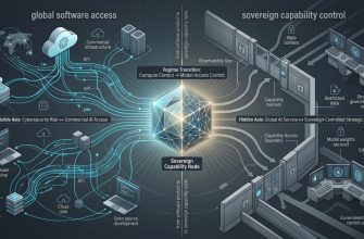 Editorial illustration showing a glowing frontier AI model core suspended between two strategic regimes. On the left, open API lines, cloud interfaces, developer terminals, and global network links represent commercial software access. On the right, security gates, encrypted locks, jurisdictional barriers, and control panels represent sovereign capability control. Analytical SKS overlays mark the visible axis between cybersecurity risk and commercial AI access, and the hidden axis between global AI service and state-controlled strategic capability. Arrows and boundary lines show the regime transition from compute control to model access control. The image presents advanced AI not as ordinary software, but as a sovereign capability node shaped by national security, access restrictions, and geopolitical pressure.