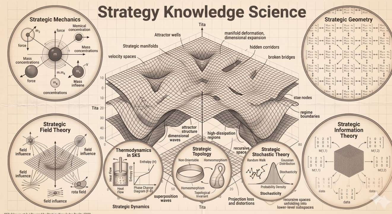 An intricate, technically-styled old paper infographic titled 'Strategy Knowledge Science', with a large, central complex 3D topological manifold chart, surrounded by smaller, interconnected conceptual panels detailing various strategy sub-disciplines like mechanics, geometry, and information theory.
