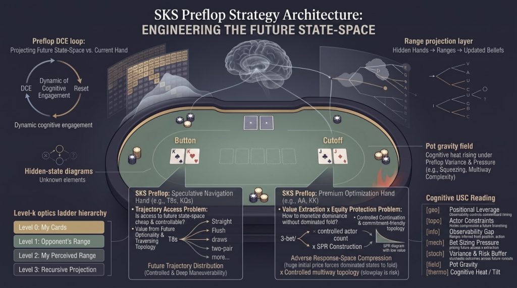 An infographic titled "SKS Preflop Strategy Architecture: ENGINEERING THE FUTURE STATE-SPACE" presents a conceptual poker table beneath a central brain diagram. On the green poker table, two playing cards displaying a King of spades and King of hearts sit at the Button position, while a Jack of clubs and Jack of diamonds rest at the Cutoff position. The lower-left panel categorizes speculative navigation hands like T8s and KQs, framing preflop entry as a "Trajectory Access Problem" that branches into future hand possibilities such as straights, flushes, and two-pairs. The lower-right panel addresses premium optimization hands like AA and KK, highlighting the balance between value extraction and equity protection through 3-betting, controlled actor counts, and stack-to-pot ratio (SPR) construction. Above the table, circular diagrams on the left outline the "Preflop DCE loop" for projecting state-space, while a tree diagram on the right maps the "Range projection layer" from hidden hands to updated beliefs. On the bottom-left, a color-coded "Level-k optics ladder hierarchy" ranks cognitive perspectives from Level 0 to Level 3. The bottom-right section displays a "Cognitive USC Reading" breakdown, categorizing positional leverage, actor constraints, bet sizing pressure, and risk buffers into seven strategic lenses.