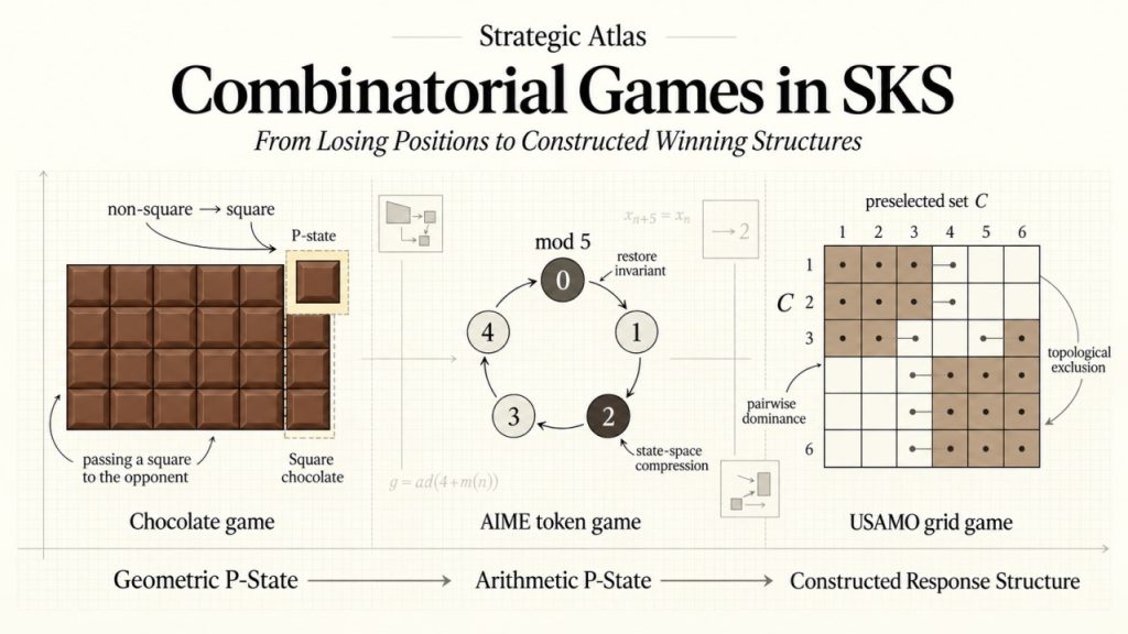 An editorial infographic titled “Combinatorial Games in SKS” presents three olympiad game strategies on a light ivory grid background. On the left, a chocolate-bar diagram shows how a non-square rectangle can be reduced to a square P-position and passed to the opponent. In the center, a mod 5 cycle for the AIME token game highlights residues 0 and 2 as losing states and illustrates invariant restoration through modular state-space compression. On the right, a 6 × 6 USAMO grid shows a preselected set C, with horizontal pairings connecting cells within the same row to enforce pairwise dominance and topological exclusion. The bottom progression summarizes the conceptual evolution from “Geometric P-State” to “Arithmetic P-State” to “Constructed Response Structure.” The illustration emphasizes how SKS replaces brute-force move search with state classification, compression, and structured control of the opponent’s response space.