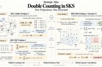 An editorial infographic titled “Double Counting in SKS” presents three olympiad case studies under the subtitle “Two Projections, One Invariant.” In the upper-left panel, the 2023 AIME I Problem 3 reinterprets geometric intersection points as a hidden state-space of unordered pairs of lines, with higher-multiplicity intersections weighted by combinations such as C(5,2). In the lower-left panel, IMO 1987 Problem 1 transforms the weighted sum Σk·pₙ(k) into a marked incidence space of permutations paired with one distinguished fixed point. On the right, IMO 2001 Problem 3 / Shortlist C8 is visualized as a sparse three-dimensional incidence set T with axes for problems, girls, and boys. Two projections of the same set T compare girl–boy coverage demand with problem capacity, leading to the contradiction |T|≥441 and |T|≤420. A problem-state plane illustrates the forbidden region where a problem would be solved by at least three girls and at least three boys. The bottom progression summarizes the SKS evolution from “Hidden Counting Unit” to “Marked Incidence State” to “Global Capacity Contradiction.”