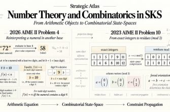 An editorial infographic titled “Number Theory and Combinatorics in SKS” shows how arithmetic problems can be transformed into compressed combinatorial state-spaces. On the left, the 2026 AIME II Problem 4 illustrates how interpreting the numeral 72 in base 8 gives 58 and how comparing place values reduces the equation f(n)=n to the condition that a multi-digit numeral must contain the digit 9. On the right, the 2023 AIME II Problem 10 compares a 2 × 6 grid filled with the integers 1 through 12 to the same grid projected into residue classes modulo 3. Below the grids, the residue pairs are compressed into three column vectors, a=(0,1), b=(0,2), and c=(1,2), whose orientations propagate through adjacent columns. Arrows and annotations highlight projection change, state-space compression, hidden axes, and forced orientation as key SKS mechanisms. The bottom sequence summarizes the strategic progression from “Arithmetic Equation” to “Combinatorial State-Space” to “Constraint Propagation.”