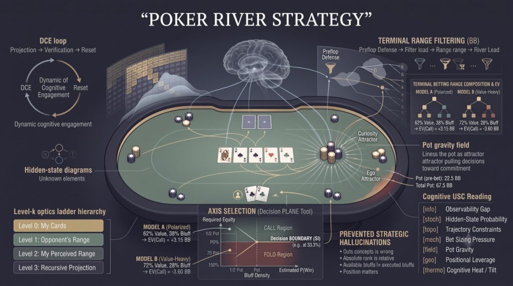 An infographic titled "POKER RIVER STRATEGY" illustrates terminal range analysis and decision-making frameworks mapped around a stylized poker table. The central table displays a completed five-card community board alongside a hero hand holding King-Queen of clubs facing a river bet. At the bottom center, an "AXIS SELECTION" chart plots Required Equity against Bluff Density to define distinct Call and Fold regions separated by a decision boundary. The upper-right section maps terminal range filtering across streets, contrasting a polarized positive-EV model with a value-heavy negative-EV model. On the right, psychological field attractors such as Curiosity and Ego surround the pot, accompanied by a list of Cognitive Unified Scientific Codes (USC). The left margin features a Dynamic Cognitive Engagement (DCE) loop diagram and a Level-k optics ladder hierarchy.