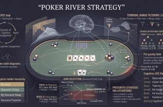 An infographic titled "POKER RIVER STRATEGY" illustrates terminal range analysis and decision-making frameworks mapped around a stylized poker table. The central table displays a completed five-card community board alongside a hero hand holding King-Queen of clubs facing a river bet. At the bottom center, an "AXIS SELECTION" chart plots Required Equity against Bluff Density to define distinct Call and Fold regions separated by a decision boundary. The upper-right section maps terminal range filtering across streets, contrasting a polarized positive-EV model with a value-heavy negative-EV model. On the right, psychological field attractors such as Curiosity and Ego surround the pot, accompanied by a list of Cognitive Unified Scientific Codes (USC). The left margin features a Dynamic Cognitive Engagement (DCE) loop diagram and a Level-k optics ladder hierarchy.